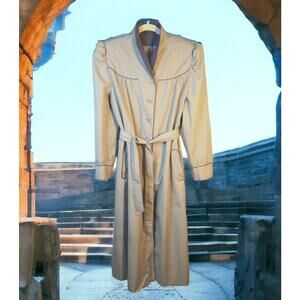 Vintage 80s Beige Trench Coat Rain Duster Jacket Belted Purple Lining Size 16